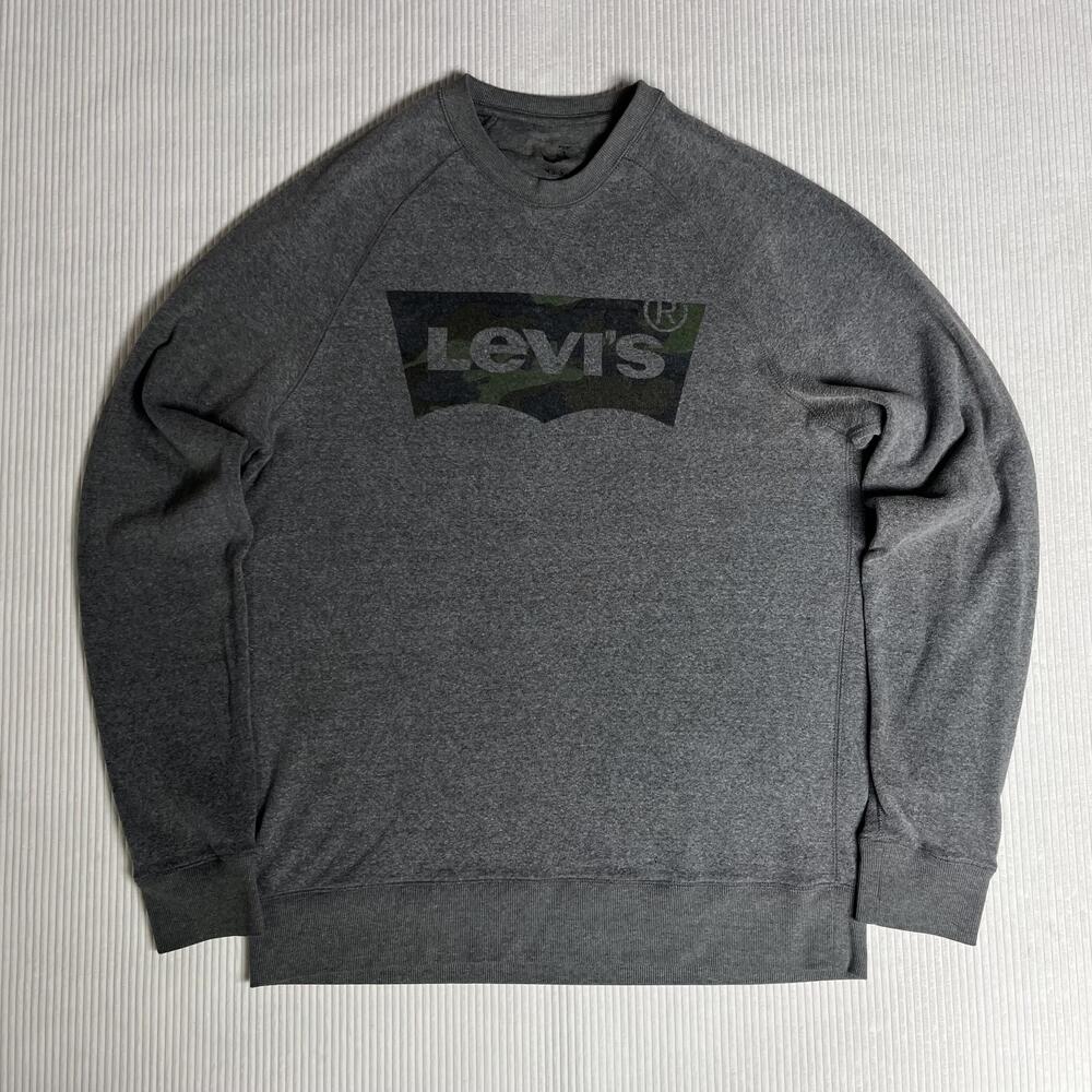 Levi's Sweatshirt Mens Medium Gray Fleece Crewneck Raglan Camo Logo Pullover